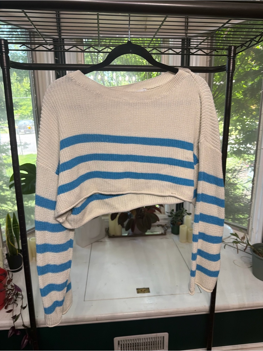 Zara Cream Cropped Sweater with Blue Stripes